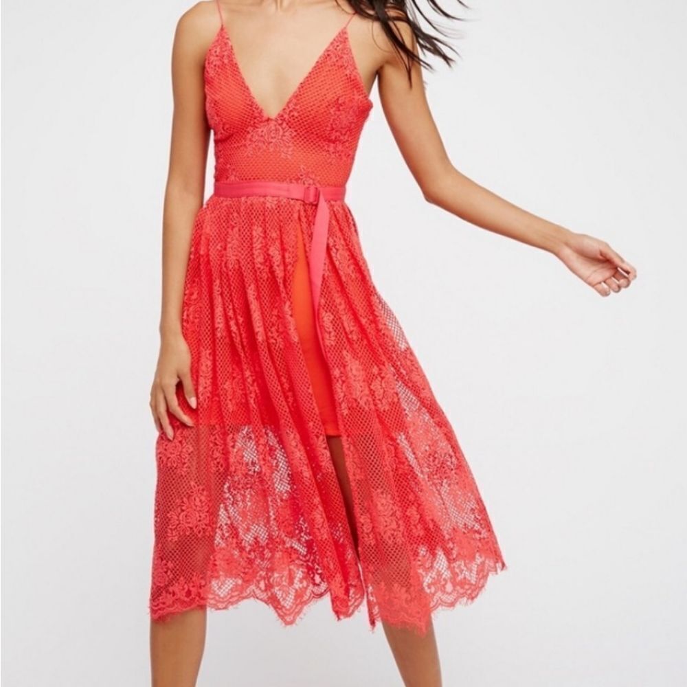 Free People Match Point Midi Red Lace Dress